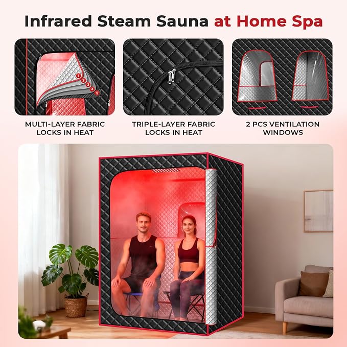 Morfone 2 Person Portable Infrared Steam Sauna with 660nm Red Light Therapy Lamp & 2 Steamers 2 Folding Chairs, Full Body Sauna Spa Tent at Home for Relaxation, 71"x 49"x 36",Black