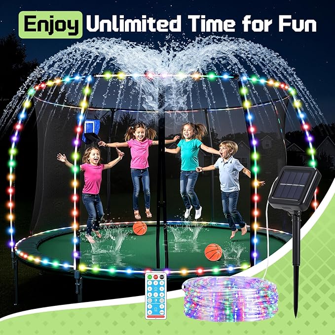Trampoline Accessories Kit, Basketball Hoop with 3 Mini Basketballs, 52FT Solar Lights Fit 8 10 12 14 15 16FT Trampoline Outdoor 8 Lighting Modes, Trampoline Accessories Kit with Sprinkler & Shoe Bag