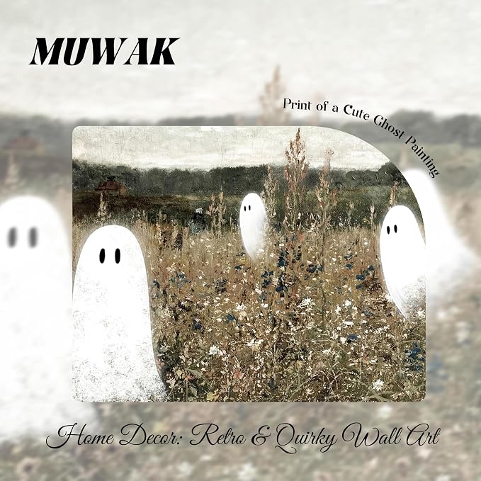 Framed Vintage Halloween Wall Art, Cute Ghost Meadow Painting, Rustic Landscape Canvas Halloween Wall Decor, Aesthetic Spooky Ghost Wall Art for Living Room Bedroom Bathroom 12x16 inch