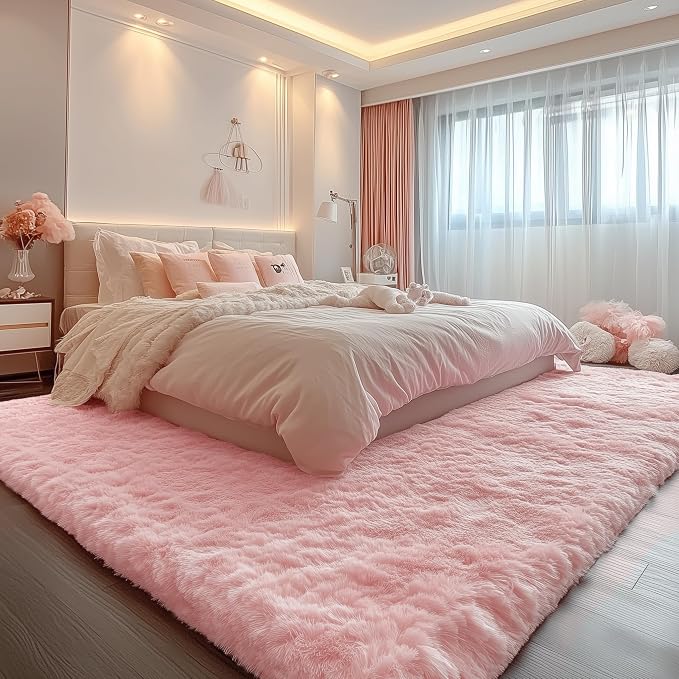 PAGISOFE 3x5 Pink Fluffy Shag Area Rugs for Bedroom, Bedside Preppy Dorm Area Rug, Soft Fuzzy Shaggy Rugs for Living Room Girls/Kids Bedroom Nursery Home Decor, Anti-Skid Durable Rectangular Fuzzy Rug