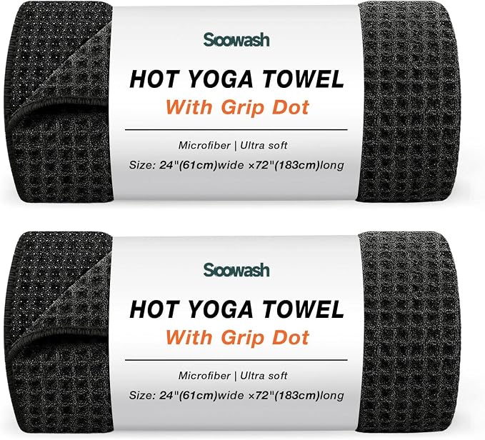 Hot Yoga Towel 2 Pack Yoga Mat Towels Microfiber Yoga Towels for Hot Yoga Non Slip Absorbent Anti-Slip Cover Hot Pilates Exercise Fitness 24 inch X 72 inch Black