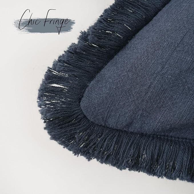 Foindtower Set of 2 Decorative Linen Fringe Lumbar Throw Pillow Covers Boho Farmhouse Cushion Cover with Tassels Soft Cozy Accent Pillowcase for Sofa Couch Living Room Home Decor,12×20 Inch,Navy Blue