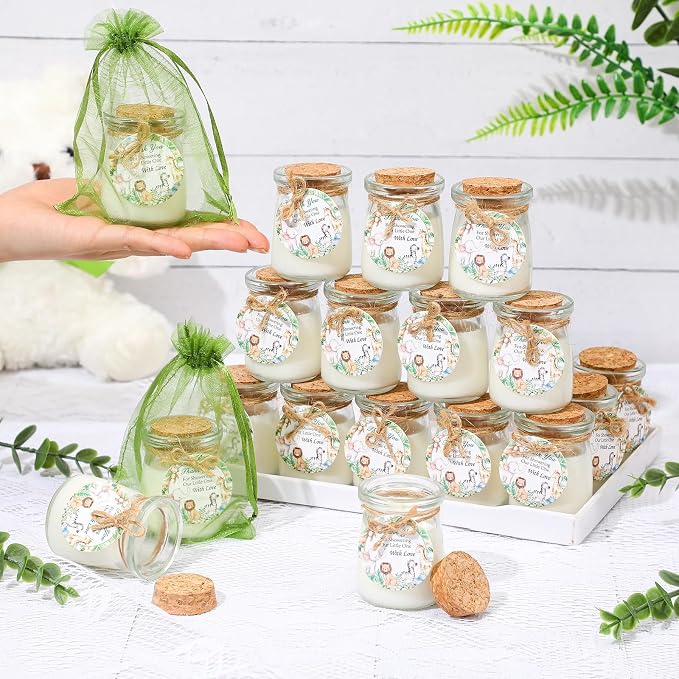 Threlaco 20 Pcs Jungle Animals Baby Shower Favors Party Candle Lavender Scented Glass Mason Jar Wax Candle Bulk for Guests Girl Boy Gender Reveal Party Gifts(Green)