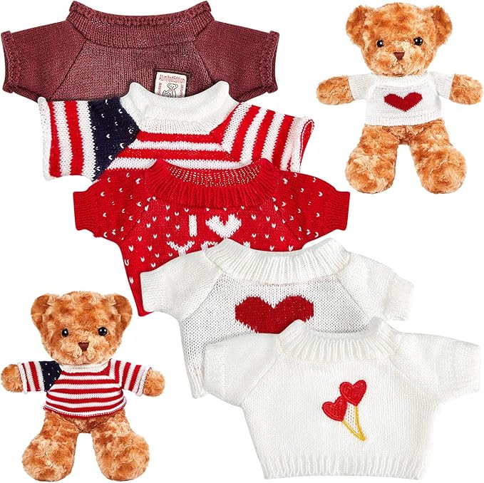 Junkin 5 Pcs Bear Doll Clothes Cute Stuffed Animal Clothing Accessories Cotton Plush Toy Clothes Bear Sweater Outfit Fit Most 14 - 18 Inch Bears Animal Plush Dolls Valentine Gifts