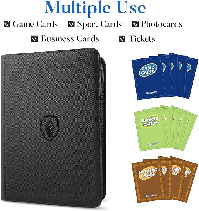 Premium Zip Card Binder, Fabmaker 9 Pocket Trading Card Binder, PU Cover Zipper Card Collection Album, Sturdy 360 Side-Loading Card Folder Holder for Game & Sports Cards, Black