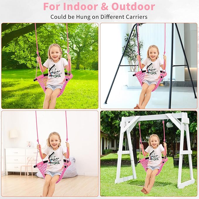 Hi-Na Tree Swing for Kids, Adjustable Toddler Rope Swing Seat with Snap Hooks and Straps, 440 lbs Capacity, Swingset Accessories for Indoor Porch Doorway Outdoor Playground Backyard (Pink)