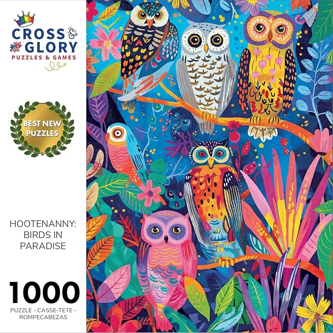 Cross & Glory - Hootenanny: Birds in Paradise - 1000 Piece Jigsaw Puzzle for Adults | Vibrant Indian Garden & Owl Design | Challenging and Artistic