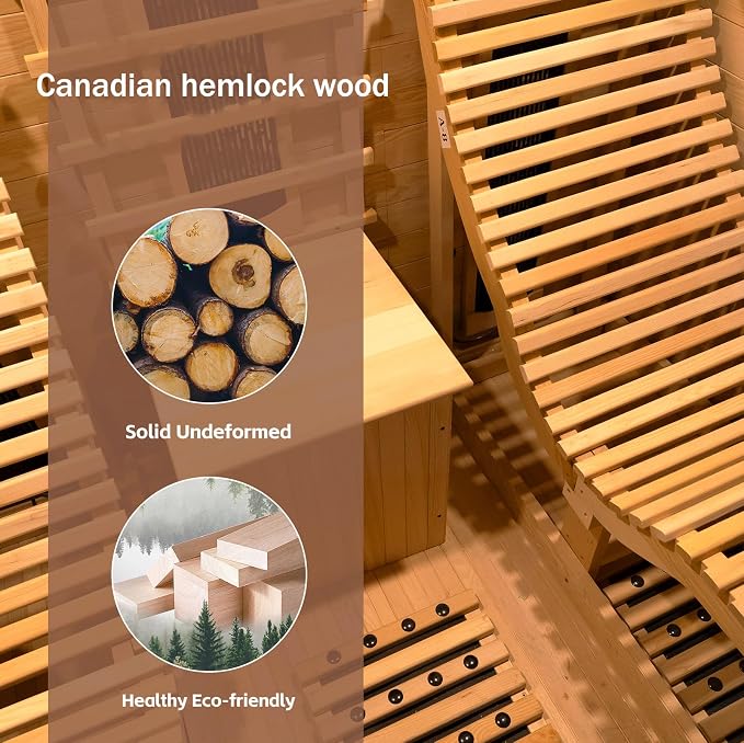 Infrared 2 Person Wooden Sauna Room, Luxurious Sauna with Recliner, 3400W Dry Heat Sauna for Home, 9 Heating Panels, Bluetooth Speaker, 7Color Lights, Oxygen Bar, 220V(Canadian Hemlock)