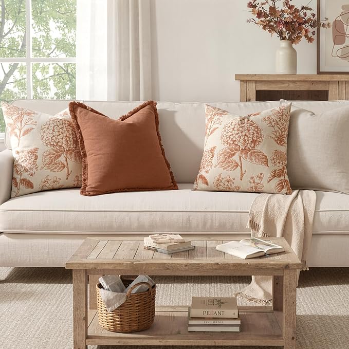 Set of 2 Decorative Floral Pillow Covers 20x20 Inch Autumn Orange | Neutral Hydrangea Print, Boho Vintage Throw Cushion Covers, Cottagecore Home Decor, for Sofa Couch Porch Bedroom Living Room