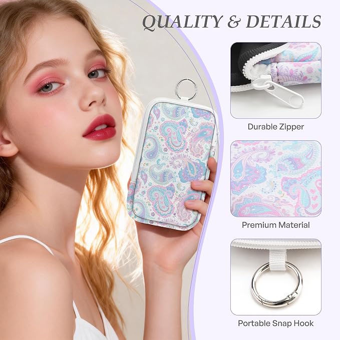 KJQJLY 2 Pack Portable Tampon Organizer Bag Tampon Holder & Storage Case with Zipper for Travel, Discreet Period Bag for Purse, Waterproof Feminine Products Pouch for Women (Paisley)