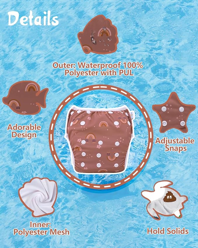 Babygoal Swim Diapers 3 Pack for 8M-3T Infant and Toddler, Reusable Adjustable Washable for Baby Swimming Lessons