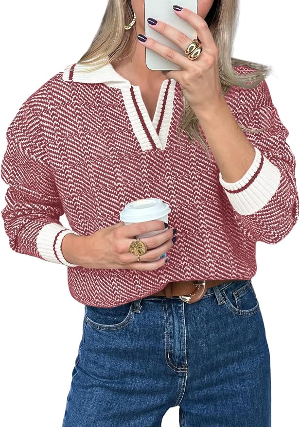Saodimallsu Womens Fall Sweaters Tops Lapel V Neck Knit Color Block Shirt | Winter,Long Sleeve,Casual,Soft,Pullover,Cozy,Ribbed,Ladies,Chunky,Warm Sweaters,Checkered,Tunic,Work