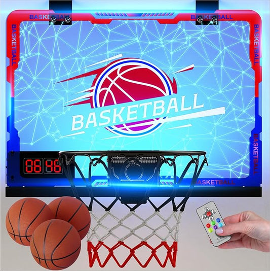 Mini Indoor Basketball Hoop with 7-Color Lights & 3-Light Effects & Scoreboard & Timer,Over The Door Bedroom Office Basketball Hoop for 5-7 8-12+ Year Old Kids Boys Birthday