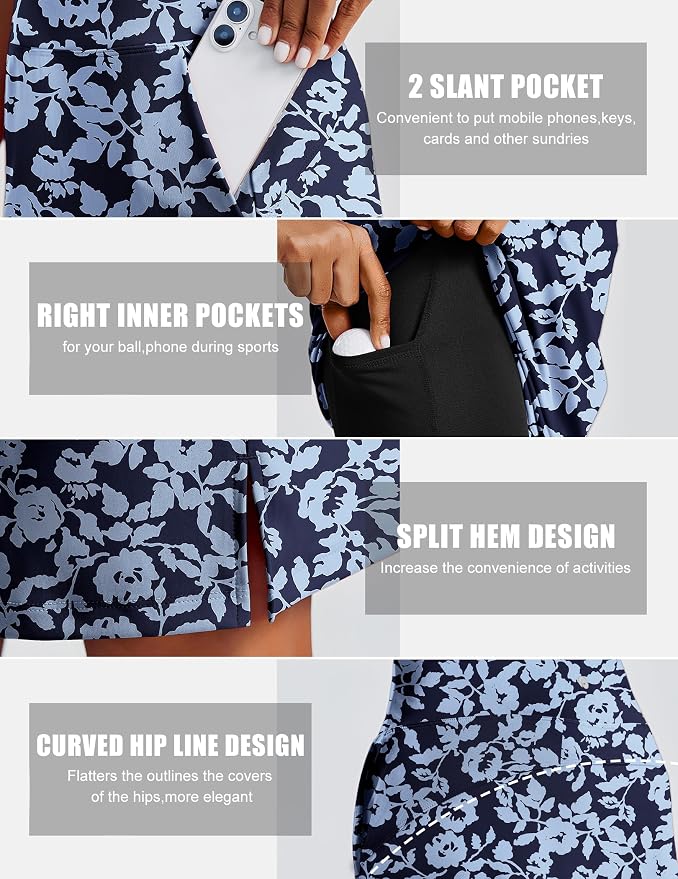 PINSPARK 20" Skorts for Woman Knee Length UPF 50+ Golf Skirts | 4 Pockets, Built-in Shorts, High Waisted, Split Hem, Silky-smooth, Moisture-wicking, for Golf Athletic Tennis Workout Casual