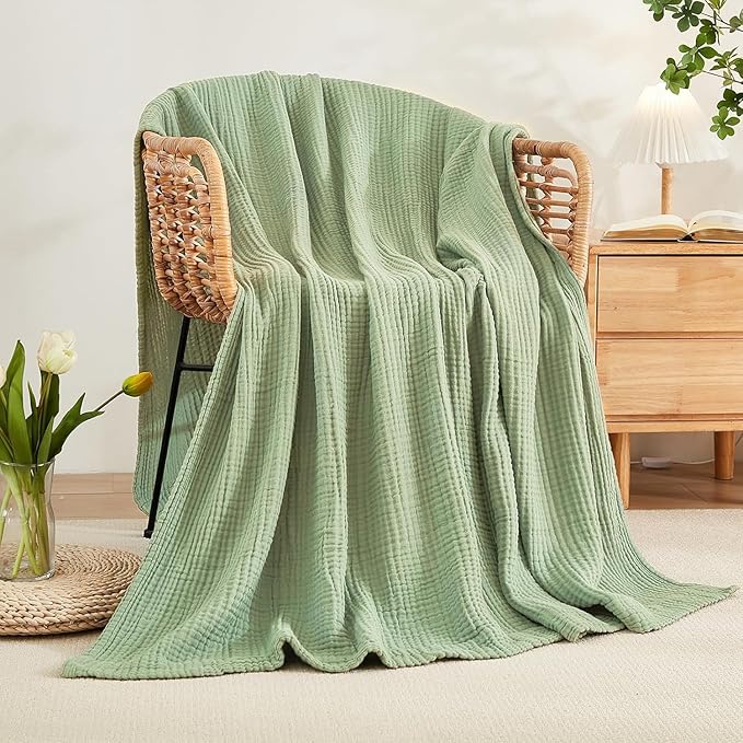 EMME Muslin Blankets for Adults Throw Blanket for Couch Breathable Gauze Soft Lightweight Airy Sage Green Twin XL 66" x 90"