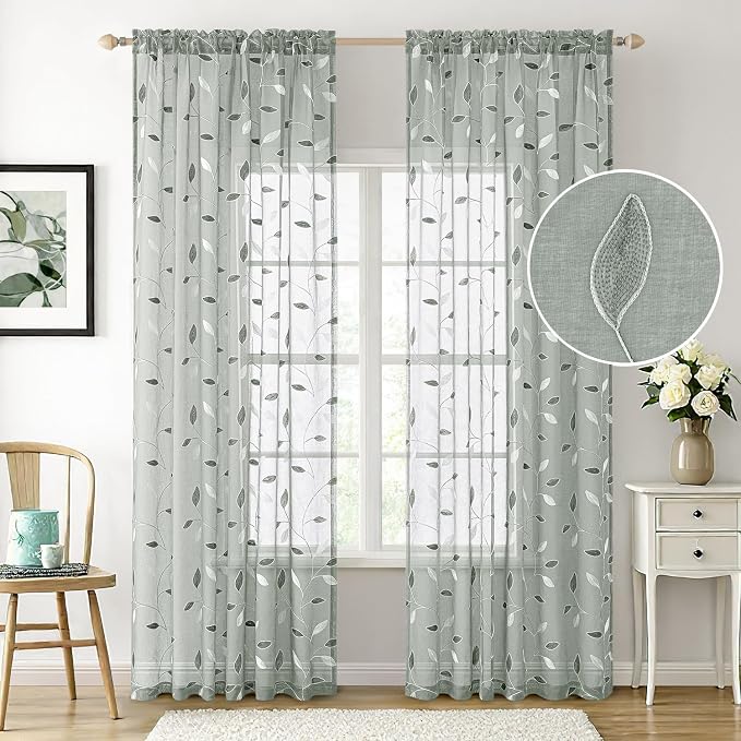 MIULEE Sage Sheer Curtains 2 Panels Embroidered Leaf Patterned Rod Pocket Floral Semi Sheer Faux Linen Window Curtains Drapes Set for Living Room Bedroom Dining Room, 52x84 Inches Long
