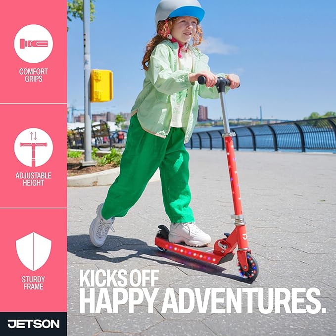 Jetson Jupiter Kids 2-Wheel Light-Up Kick Scooter, LED Lights on Handlebar, Stem, Wheels & Deck, Adjustable Handlebar, Rear Brake, Easy-Folding Mechanism, Ages 5+