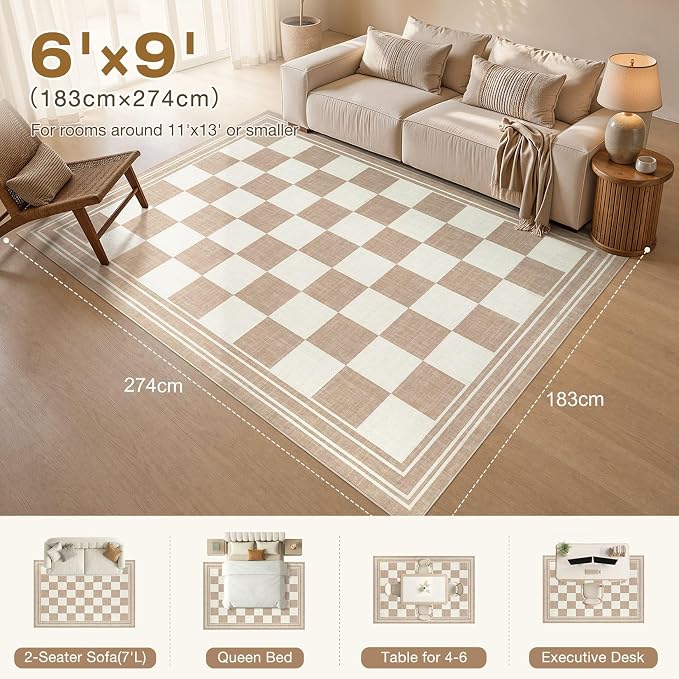 cotiled Washable Area Rugs 6x9 Living Room | Non Slip Backing, Stain Resistant, Pet Friendly, Large Neutral Soft Indoor Carpet For Bedroom, Nursery, Office, Khaki/Brown
