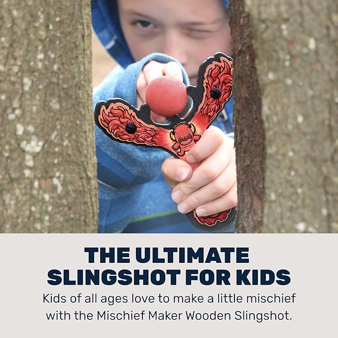 Mischief Maker® Wooden Slingshot - Lil’ Monster Series - Real Wood Slingshot for Kids, 4 Soft Foam Balls and Storage Bag - Ages 4+ (red)