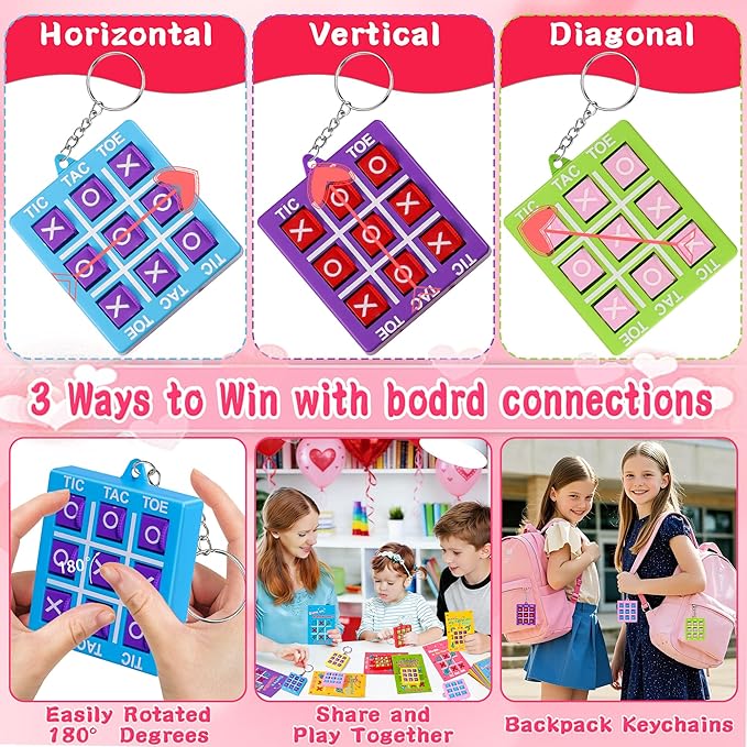 24 Pack Valentines Day Gifts for Kids Classroom Valentines Day Cards with Tic-Tac-Toe Game Keychains Valentines for Kids School Class Exchange Cards Valentines Party Favors Boys Girls Toddlers