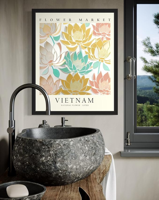 Vietnam, Lotus Art Print Poster, Flower Market Wall Art, Floral Artwork Decor for Bedroom, Kitchen, Bathroom, Livingroom Decoration 52 (Vietnam, Lotus, 10"L x 8"W, Unframed)