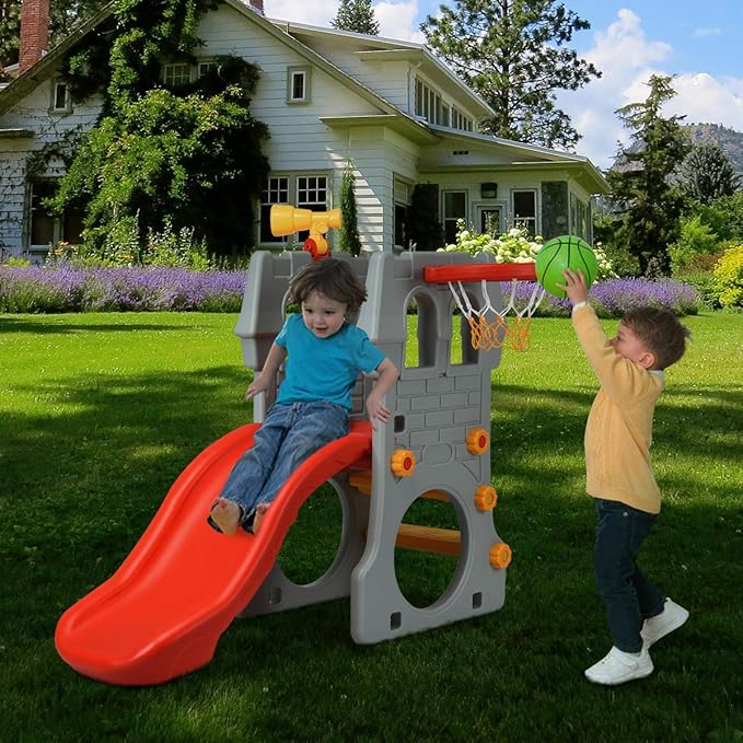 HONEY JOY Kids Slide with Basketball Hoop, 4-in-1 Toddler Freestanding Slide, Telescope, Hide and Seek Crawling Space & Climbing Stairs, Children Playground Toys Set for Indoor and Outdoor Games
