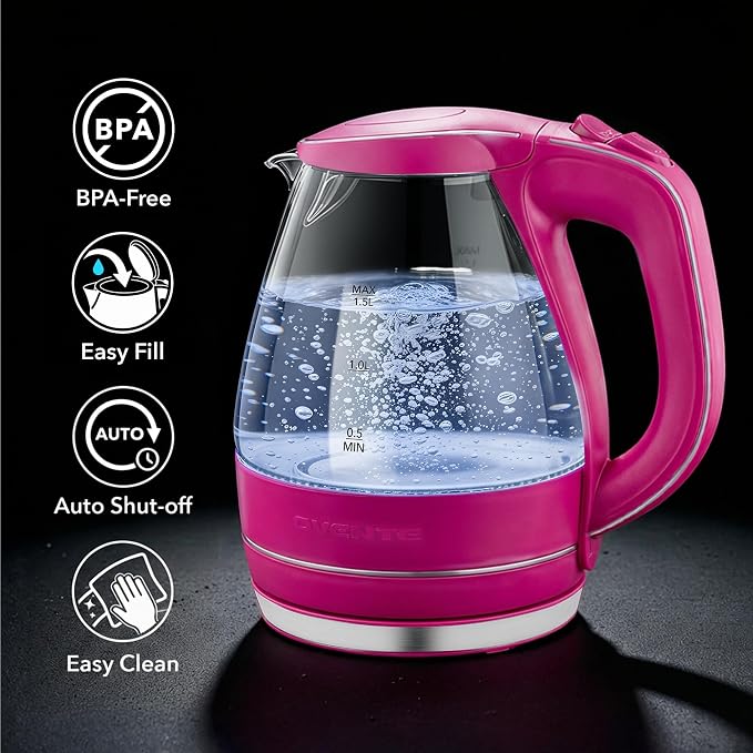 OVENTE Electric Kettle, 1.5L Borosilicate Glass Countertop Water Heater and Boiler for Coffee or Tea, BPA-Free, Auto Shut-Off, Boil-Dry Protection, Removable and Washable Spout Filter, Pink KG83F