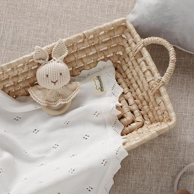 mimixiong Cotton Baby Blanket Knitted Crochet Receiving Crib Nursery Swaddling Blankets for Newborn Baby Boy Girl with The Bunny Rattle (Snow White)