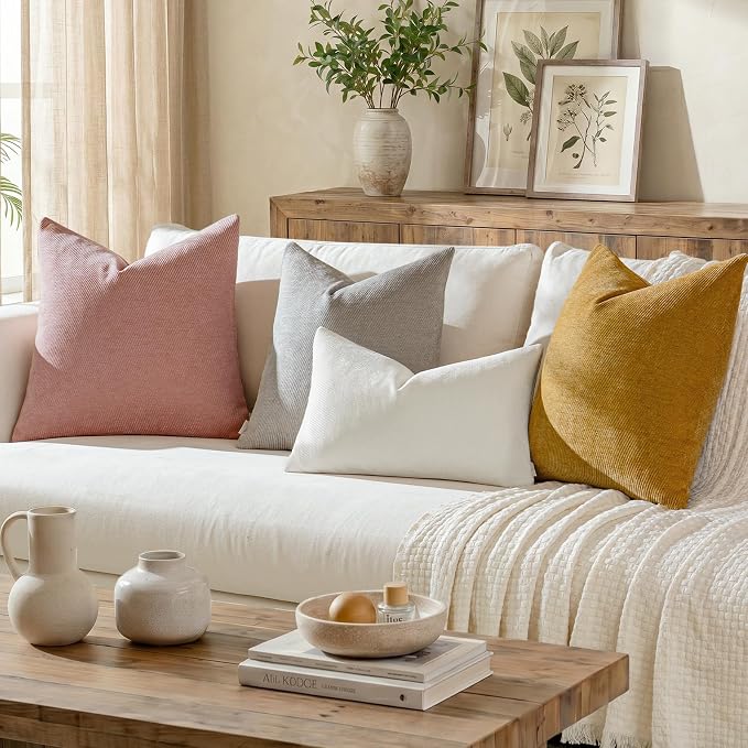 a moment Pack of 2 Decorative Chenille Throw Pillow Covers with Twill Cushion Covers for Sofa Living Room Couch Bed 12x20 Inch Raw White