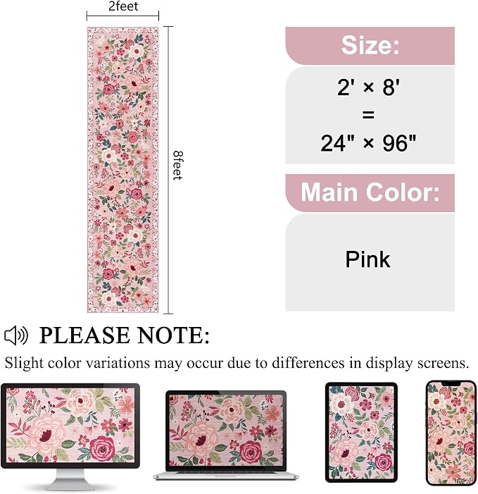 DUKINO 2x8 Runner Rug, Washable Runner Rug for Kitchen Non Slip, Pink | Floral, Low Pile, Soft Indoor Rug for Hallway, Entryway, Bedroom, Bathroom, Pet Friendly, Stain Resistant, Modern Home Decor