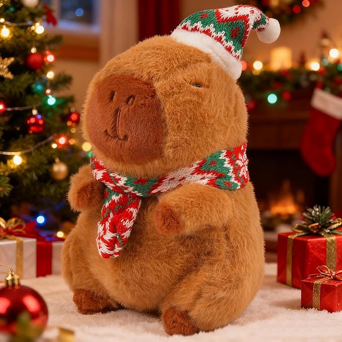 Christmas Capybara Stuffed Animal Plush, 10” Holiday Capybara Peluches with Santa Hat & Scarf, Cute Super Soft Funny Christmas Toy Gifts, Capybara Stuff Festive Decorations for Kids Boys Girls