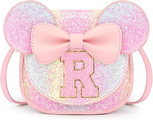 mibasies Toddler Purse Girl Gifts: Girls Birthday Gifts for 3-8 - Toys for Ages 2-4 Girls Mouse Ears Purse, Glitter Rainbow, Letter R
