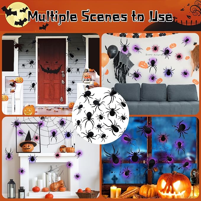 DR.DUDU 36 Pack Halloween Wall Decor Light up Spiders Window Decorations | Multi-Color LEDs, 3D Spider Stickers, Removable Wall Decals, Assorted Sizes, For Indoor Outdoor Bathroom Home Party