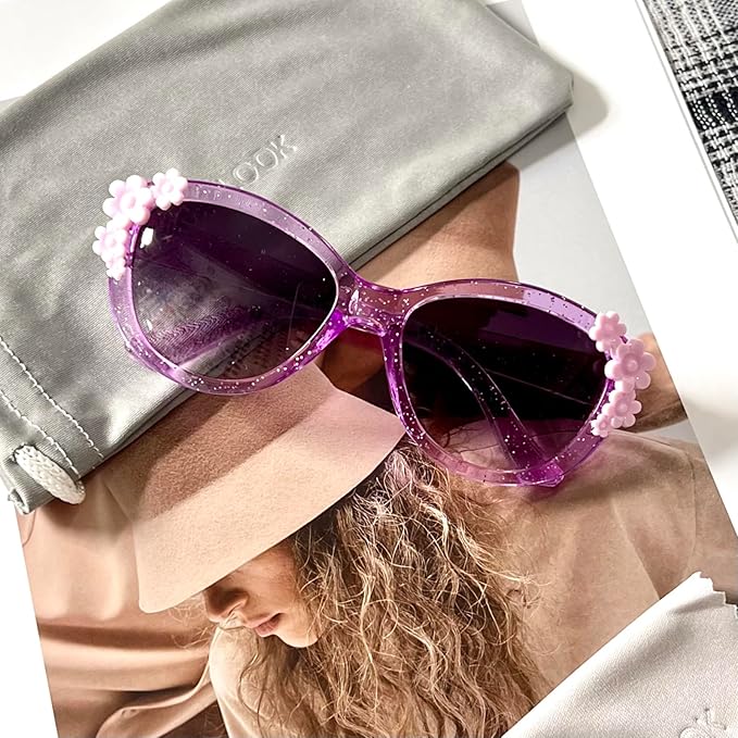 XINB LOOK Kids Sunglasses Girls, Cute Flower Frame Cartoon UV Glasses, Toddler Sunglasses Party Favor for Ages 3-10 (Purple)