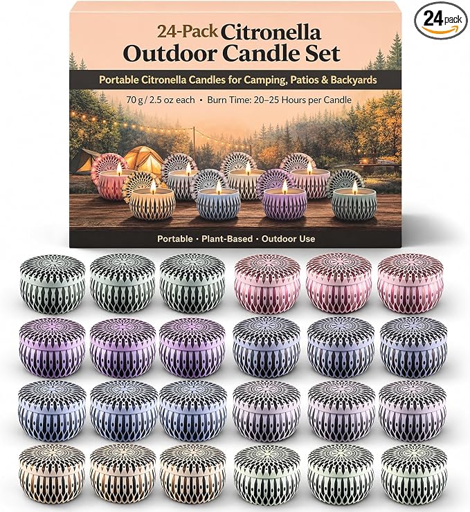 24 Pack Citronella Candles Outdoor, 2.5 oz Soy Wax Tin Candles with 8% Citronella Oil, Up to 600 Hours Total Burn Time, Portable Patio Candle Set for Backyard, Camping, BBQ & Summer Use