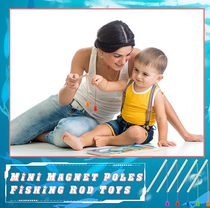 40 Pcs Magnetic Fishing Rod Wooden Magnetic Fishing Poles Mini Fishing Pole Toys for Preschool Girl Boy Pool Activity Accessory (Color Set 2)