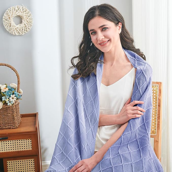 inhand Ashley Blue Knitted Throw Blanket for Couch and Bed, 50"x60" | Soft Living Room Home Decor Knitted Blanket with Tassel, Outdoor Lightweight Breathable , Farmhouse Warm Woven Decorative