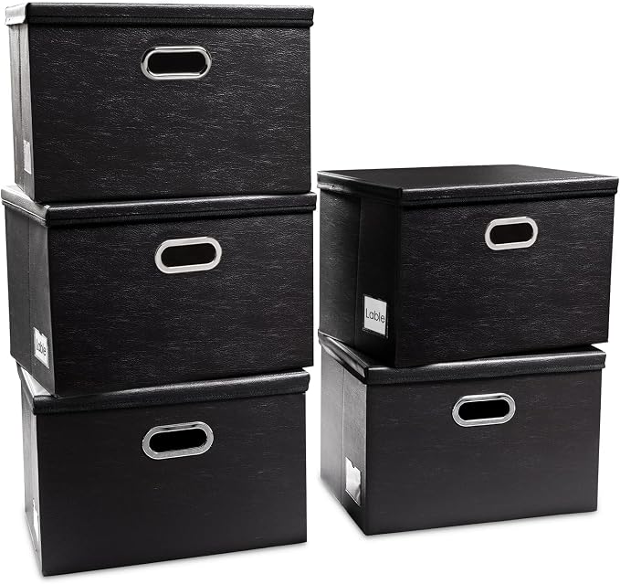 Large Stackable Storage Boxes with Lids [5-Pack] Leather Fabric Foldable Storage Bins Organizer Containers Baskets Cubes with Cover for Bedroom Closet Office Nursery Black(17.7x11.8x11.8)