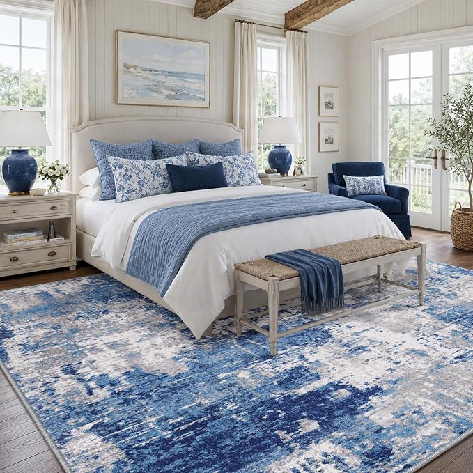 RELEANY Washable 9'x12' Abstract Area Rug for Living Room Blue Gray | carpet for bedroom, kitchen, office, hallway and entryway, printed pattern, non-slip, soft, stain-resistant, easy to clean
