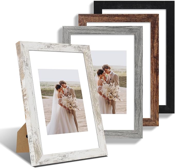 Hongkee 8x12 Picture Frame Set of 4, Made of Real Glass and Multicolour Wooden Frame, 8 by 12 Photo for Wall or Tabletop - Display Picture 6x8 with Mat or 8x12 Without Mat