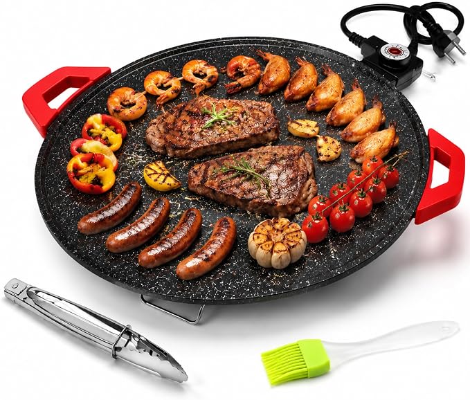 1500W Portable Electric Korean Smokeless Non-stick Indoor Grill Pan, Adjustable Temp Control, Universal Fry Griddle, Portable Barbecue Grill, Home Cooking Kitchen Gadget ，12in