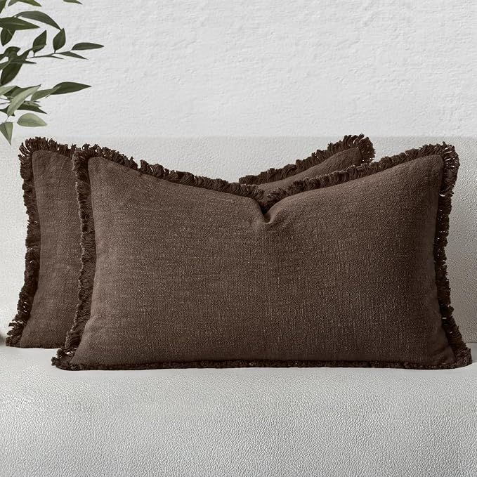 MIULEE Boho Linen Fringe Decorative Fall Pillow Covers Reddish Brown 12x20 | Set of 2, Cottagecore Decor, Boho Farmhouse Neutral Pillow Covers, Rustic Fall Couch Cushion Cases for Sofa Bed Living Room