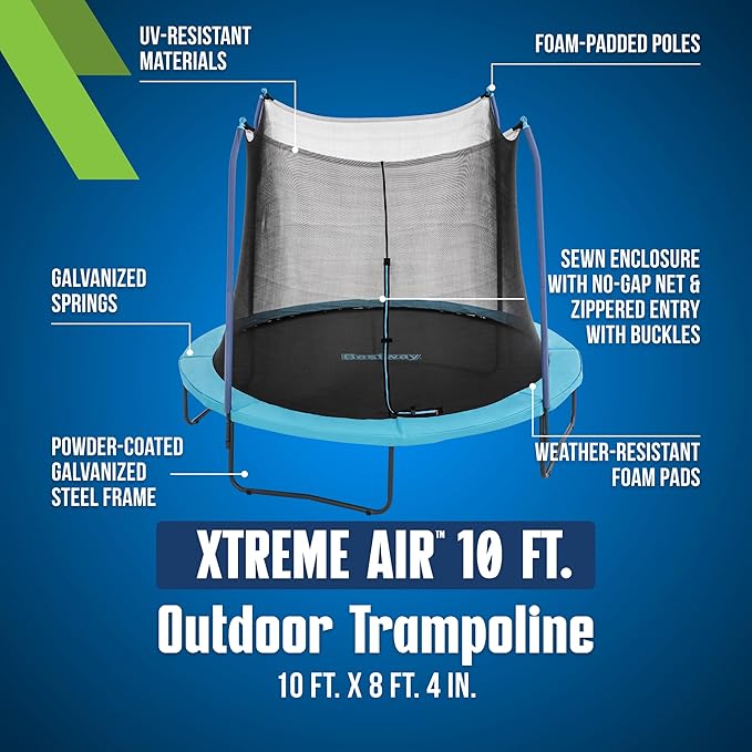 Bestway Xtreme Air 10FT 12FT 15FT Outdoor Trampoline for Kids and Adults, No-Gap Security Enclosure Net, Foam-Padded Poles, Fast & Easy Assembly, ASTM Approved, 2-Year Warranty
