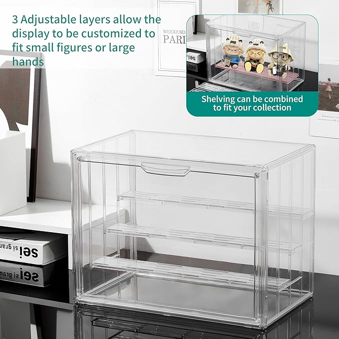 Attelite Acrylic Display Case Compatible with POP MART Labubu Display Case, 4 Tier Figure Clear Cases for Collectibles with 3 Adjustable Divider, 3 Pack Large Storage Box with Magnetic Door