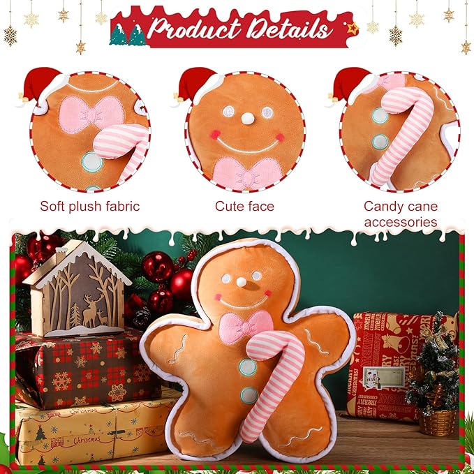 Liliful Christmas Plush Stuffed Gingerbread Man Toy 16 Inch Soft Aesthetic Gingerbread Man Pillow Stuffed Xmas Toys for Christmas Party Favors Decorations(Plush)