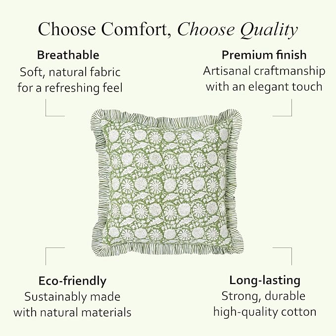 CPC Olive Bloom Hand Block Print 100% Cotton Ruffle Throw Pillow Cover 24x24 inch with Hidden Zipper Decorative for Couch, Bed, Sofa, Farmhouse, Cottagecore Decor Gift Christmas Fall Thanksgiving