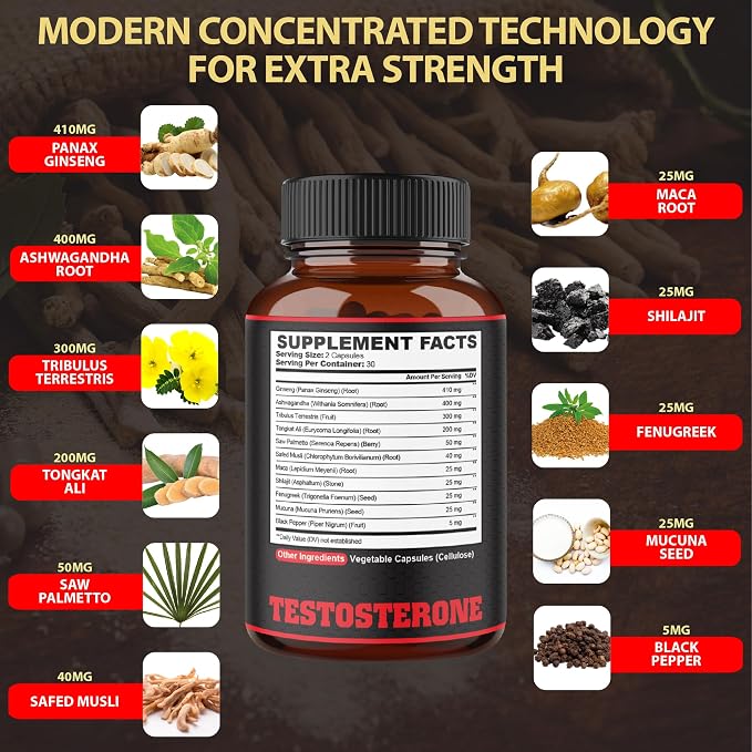 agobi Testosterone Supplement for Men - 11 Herbs - Ashwagandha, Tribulus, Ginseng & More - 60 Capsules for 1 Month