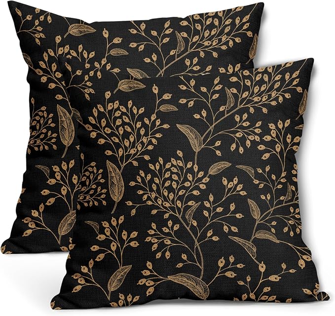 Boho Pillow Covers 20X20 Inch Set of 2 Black Gold Floral Leaves Decorative Pillow Cases Vintage Flower Leaf Cotton Linen Cushion Case Farmhouse Home Decor for Sofa Couch Porch Outdoor