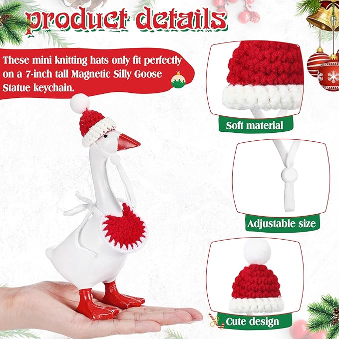 Geyoga 3 Pcs Mini Desk Goose Outfits 7 Inch Mini Knitting Hat and Bandana Knitting Desk Goose Headwear Bibs Accessory for Magnetic Statue Table Decor Gifts (Christmas Style)