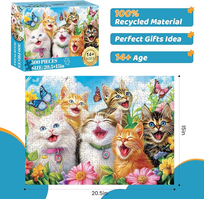 500 Piece Puzzles for Adults, Laughing Cats Large Piece Jigsaw Puzzle for Adults Seniors,Recycled Cardboard Puzzle 500 Piece,Family Activity Great Gift for Family Friends 20.5 * 15 in